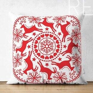 Set of 4 Christmas Pillow Covers|Red Xmas Deer and Snowflake Print Pillow Cover|Red White Xmas Pillow Top|Winter Trend Gray Pine Tree Pillow