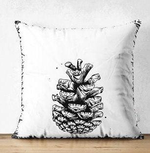 Set of 4 Winter Trend Pillow Covers|Black White Pine Tree and Pine Cone Home Decor|Decorative Xmas Throw Pillow Top|Christmas Cushion Cover