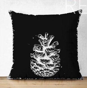 Set of 4 Winter Trend Pillow Covers|Black White Pine Tree and Pine Cone Home Decor|Decorative Xmas Throw Pillow Top|Christmas Cushion Cover