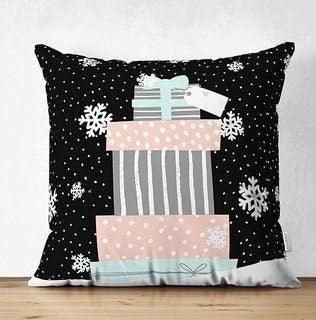 Set of 4 Christmas Pillow Covers|Xmas Gift Boxes Home Decor|White Snowflake on Black and Gray Background Pillow|Winter Trend Throw Pillow