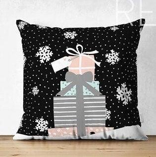 Set of 4 Christmas Pillow Covers|Xmas Gift Boxes Home Decor|White Snowflake on Black and Gray Background Pillow|Winter Trend Throw Pillow