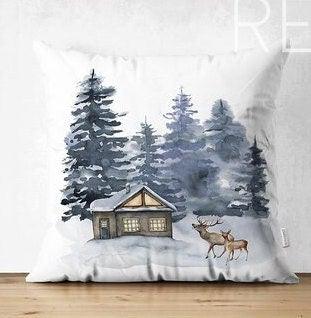 Set of 4 Winter Trend Pillow Covers|Xmas Deer and Pine Tree Home Decor|House under Snow Pillow Top|Christmas Pillow Cover|Xmas Throw Pillow