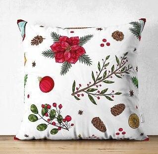 Set of 4 Christmas Pillow Covers|Floral Xmas Pillow Top|Winter Trend Cushion Case|Pine Cone and Lantern Throw Pillow|Red Poinsettia Cushion