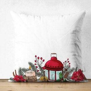 Set of 4 Christmas Pillow Covers|Floral Xmas Pillow Top|Winter Trend Cushion Case|Pine Cone and Lantern Throw Pillow|Red Poinsettia Cushion