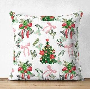 Set of 4 Christmas Pillow Covers|Red Car and Xmas Tree Pillow Case|Winter Trend Xmas Bell Cushion Cover|Red Poinsettia and Ornaments Pillow