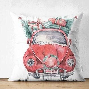 Set of 4 Christmas Pillow Covers|Red Gree White Xmas Pillow Case|Van with Decorated Xmas Tree Cushion Case|Car with Xmas Tree Cushion Cover