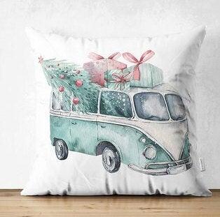 Set of 4 Christmas Pillow Covers|Red Gree White Xmas Pillow Case|Van with Decorated Xmas Tree Cushion Case|Car with Xmas Tree Cushion Cover