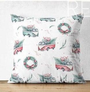 Set of 4 Christmas Pillow Covers|Red Gree White Xmas Pillow Case|Van with Decorated Xmas Tree Cushion Case|Car with Xmas Tree Cushion Cover