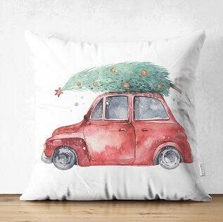 Set of 4 Christmas Pillow Covers|Red Turquoise White Pillow Case|Van with Decorated Xmas Tree Cushion Case|Car with Xmas Tree Cushion Cover