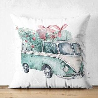 Set of 4 Christmas Pillow Covers|Red Turquoise White Pillow Case|Van with Decorated Xmas Tree Cushion Case|Car with Xmas Tree Cushion Cover