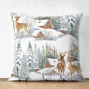 Set of 4 Winter Trend Pillow Covers|Xmas Deer and Pine Tree Home Decor|Houses and Snow Pillow Top|Christmas Pillow Cover|Xmas Throw Pillow