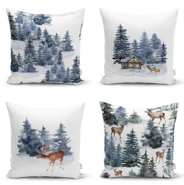 Set of 4 Winter Trend Pillow Covers|Xmas Deer and Pine Tree Home Decor|House under Snow Pillow Top|Christmas Pillow Cover|Xmas Throw Pillow