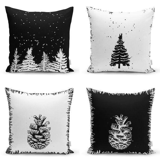 Set of 4 Winter Trend Pillow Covers|Black White Pine Tree and Pine Cone Home Decor|Decorative Xmas Throw Pillow Top|Christmas Cushion Cover