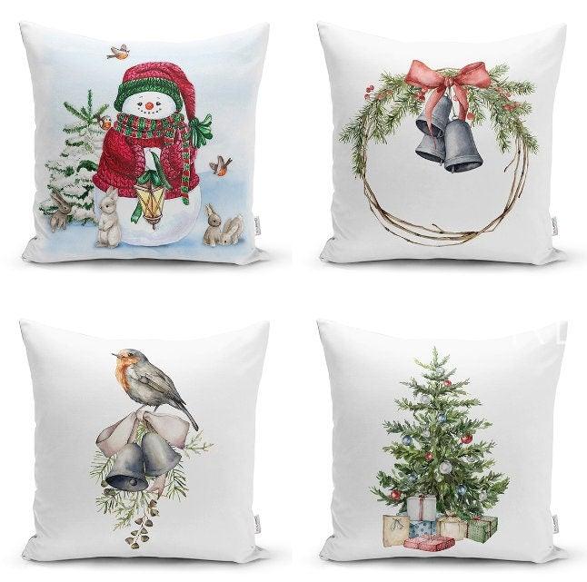 Set of 4 Christmas Pillow Covers|Snowman and Rabbits Pillow|Winter Trend Cushion Case|Xmas Bell and Bird Throw Pillow|Christmas Tree Cushion