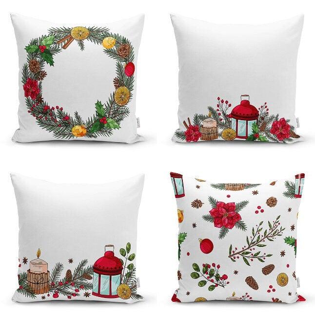 Set of 4 Christmas Pillow Covers|Floral Xmas Pillow Top|Winter Trend Cushion Case|Pine Cone and Lantern Throw Pillow|Red Poinsettia Cushion