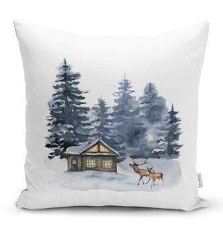 Set of 4 Winter Trend Pillow Covers|Xmas Deer and Pine Tree Home Decor|House under Snow Pillow Top|Christmas Pillow Cover|Xmas Throw Pillow