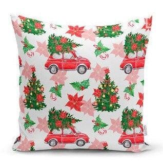 Set of 4 Christmas Pillow Covers|Red Car and Xmas Tree Pillow Case|Winter Trend Xmas Bell Cushion Cover|Red Poinsettia and Ornaments Pillow