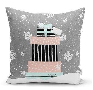 Set of 4 Christmas Pillow Covers|Xmas Gift Boxes Home Decor|White Snowflake on Black and Gray Background Pillow|Winter Trend Throw Pillow