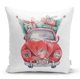 Set of 4 Christmas Pillow Covers|Red Gree White Xmas Pillow Case|Van with Decorated Xmas Tree Cushion Case|Car with Xmas Tree Cushion Cover