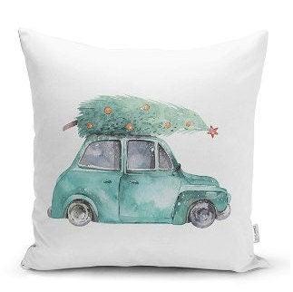 Set of 4 Christmas Pillow Covers|Red Gree White Xmas Pillow Case|Van with Decorated Xmas Tree Cushion Case|Car with Xmas Tree Cushion Cover