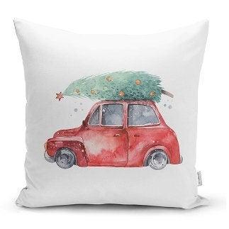 Set of 4 Christmas Pillow Covers|Red Turquoise White Pillow Case|Van with Decorated Xmas Tree Cushion Case|Car with Xmas Tree Cushion Cover