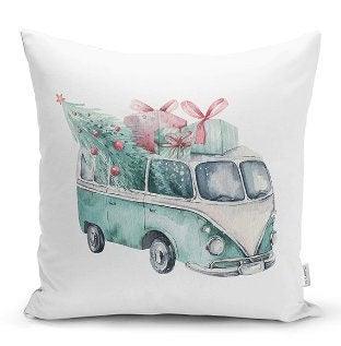 Set of 4 Christmas Pillow Covers|Red Turquoise White Pillow Case|Van with Decorated Xmas Tree Cushion Case|Car with Xmas Tree Cushion Cover