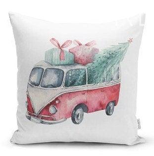 Set of 4 Christmas Pillow Covers|Red Turquoise White Pillow Case|Van with Decorated Xmas Tree Cushion Case|Car with Xmas Tree Cushion Cover