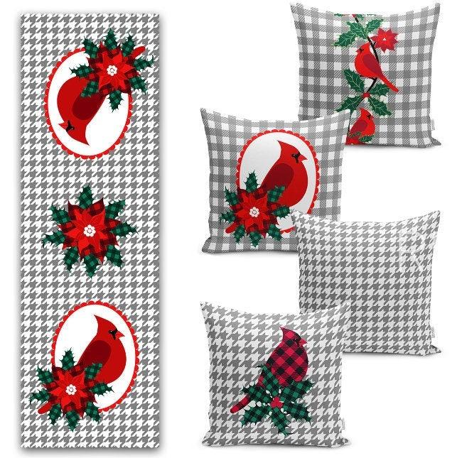 Set of 4 Christmas Pillow Covers and 1 Table Runner|Red Poinsettia Flower and Cardinal Bird Home Decor|Winter Trend Pillow Case and Runner