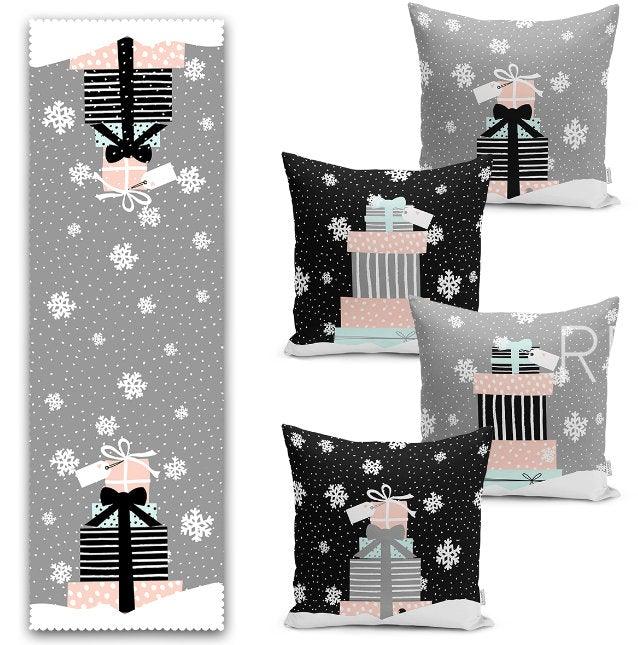 Set of 4 Christmas Pillow Covers and 1 Table Runner|Snowflake, Xmas Gift Box Print Home Decor|Black Gray Tablecloth and Cushion Cover Set