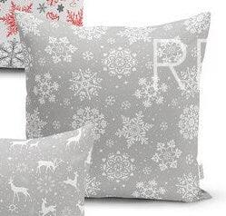 Set of 4 Christmas Pillow Covers and 1 Table Runner|Snowflake, Xmas Deer and Xmas Gift Boxes Decor|Gray White Red Runner and Pillow Case Set