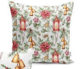 Set of 4 Christmas Pillow Covers and 1 Table Runner|Red Poinsettia, Cardinal Bird Home Decor|Lantern, Bell, Pine Cone Pillow and Runner Set