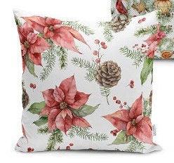 Set of 4 Christmas Pillow Covers and 1 Table Runner|Red Poinsettia, Cardinal Bird Home Decor|Lantern, Bell, Pine Cone Pillow and Runner Set