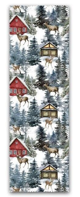 Set of 4 Winter Pillow Covers and 1 Table Runner|Pine Tree and Deer Print Home Decor|Snow and Red House Print Runner and Cushion Cover Set