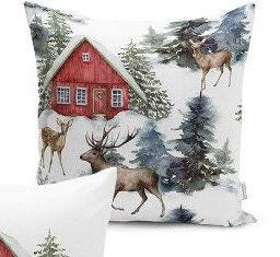 Set of 4 Winter Pillow Covers and 1 Table Runner|Pine Tree and Deer Print Home Decor|Snow and Red House Print Runner and Cushion Cover Set