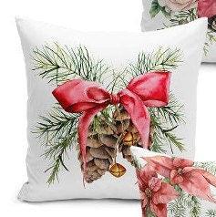 Set of 4 Christmas Pillow Covers and 1 Table Runner|Red Poinsettia, Pine Cone Home Decor|Lantern, Bell, Red Berries Pillow and Runner Set