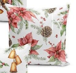 Set of 4 Christmas Pillow Covers and 1 Table Runner|Red Poinsettia, Pine Cone Home Decor|Lantern, Bell, Red Berries Pillow and Runner Set