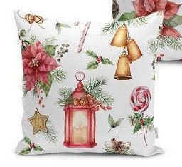 Set of 4 Christmas Pillow Covers and 1 Table Runner|Red Poinsettia, Pine Cone Home Decor|Lantern, Bell, Red Berries Pillow and Runner Set