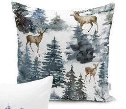 Set of 4 Winter Pillow Covers and 1 Table Runner|Pine Tree and Deer Print Home Decor|House Under Snow Print Runner and Cushion Cover Set