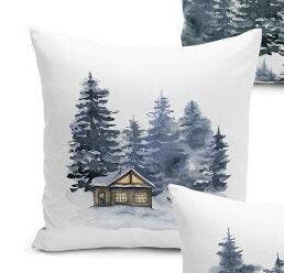 Set of 4 Winter Pillow Covers and 1 Table Runner|Pine Tree and Deer Print Home Decor|House Under Snow Print Runner and Cushion Cover Set