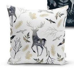 Set of 4 Winter Pillow Covers and 1 Table Runner|Gray Christmas Deer, Leaves Home Decor|Tree Branch and Bird Print Cushion Cover and Runner