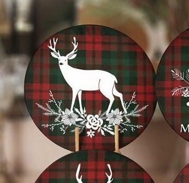 Christmas Placemat|Set of 6 Xmas Supla Table Mat|Buffalo Plaid Xmas Deer Round Dining Underplate|Merry Xmas and Happy New Year Coaster Set