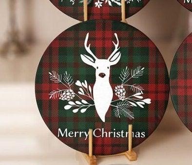 Christmas Placemat|Set of 6 Xmas Supla Table Mat|Buffalo Plaid Xmas Deer Round Dining Underplate|Merry Xmas and Happy New Year Coaster Set