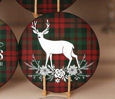 Christmas Placemat|Set of 6 Xmas Supla Table Mat|Buffalo Plaid Xmas Deer Round Dining Underplate|Merry Xmas and Happy New Year Coaster Set