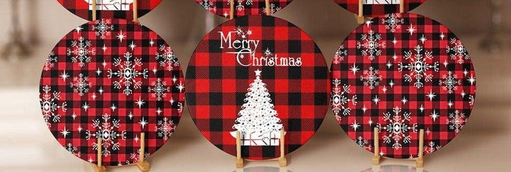 Christmas Placemat|Set of 6 Xmas Supla Table Mat|Buffalo Plaid Xmas Tree Round Dining Underplate|Merry Xmas and Snowflake Print Coaster Set