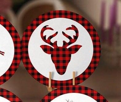 Christmas Placemat|Set of 6 Xmas Supla Table Mat|Buffalo Plaid Xmas Deer Round Dining Underplate|Buckhorn and Joy Print New Year Coaster Set