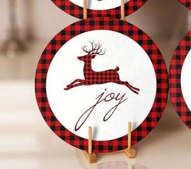 Christmas Placemat|Set of 6 Xmas Supla Table Mat|Buffalo Plaid Xmas Deer Round Dining Underplate|Buckhorn and Joy Print New Year Coaster Set