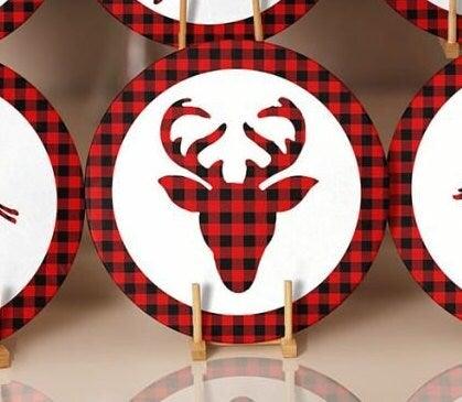 Christmas Placemat|Set of 6 Xmas Supla Table Mat|Buffalo Plaid Xmas Deer Round Dining Underplate|Buckhorn and Joy Print New Year Coaster Set