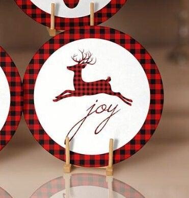 Christmas Placemat|Set of 6 Xmas Supla Table Mat|Buffalo Plaid Xmas Deer Round Dining Underplate|Buckhorn and Joy Print New Year Coaster Set