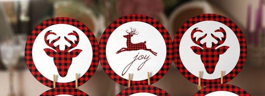 Christmas Placemat|Set of 6 Xmas Supla Table Mat|Buffalo Plaid Xmas Deer Round Dining Underplate|Buckhorn and Joy Print New Year Coaster Set