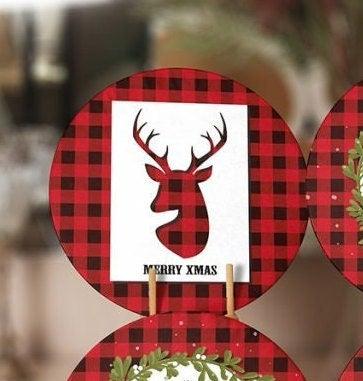 Christmas Placemat|Set of 6 Xmas Supla Table Mat|Buffalo Plaid Xmas Deer Round Dining Underplate|Merry Xmas and Green Leaves Coaster Set